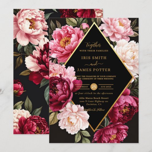 Luxe Burgundy and Blush Pink Peony Floral Wedding Kaart (Voorkant / Achterkant)