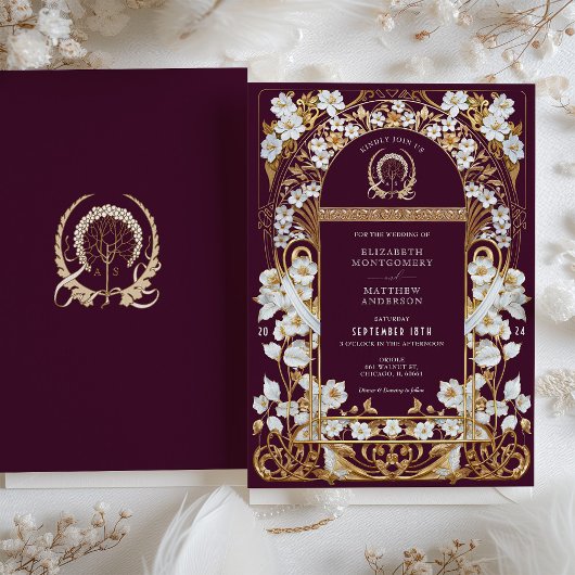 Luxe Burgundy & Antiek Gouden Bloemen Bruiloft Kaart