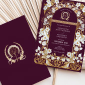 Luxe Burgundy & Antiek Gouden Bloemen Bruiloft Kaart