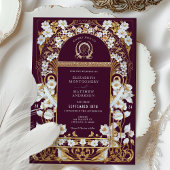 Luxe Burgundy & Antiek Gouden Bloemen Bruiloft Kaart