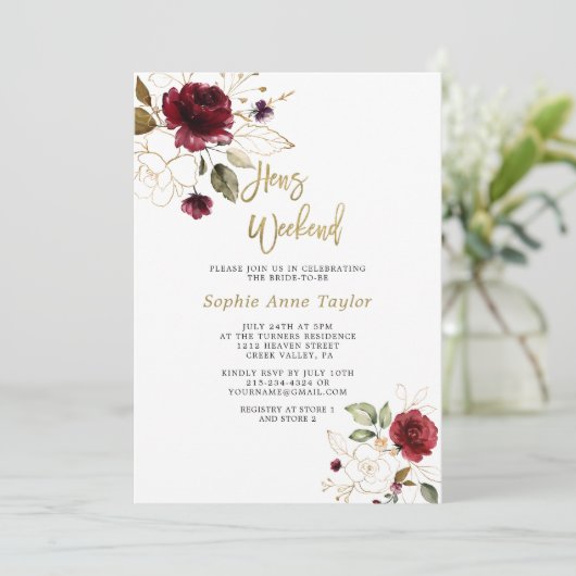 Luxe Burgundy Bloemrijke Gouden Bachelorette Weeke Kaart (Staand voorkant)