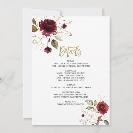 Luxe Burgundy Bloemrijke Gouden Bachelorette Weeke Kaart (Achterkant)