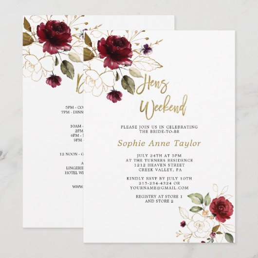 Luxe Burgundy Bloemrijke Gouden Bachelorette Weeke Kaart (Voorkant / Achterkant)
