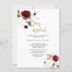 Luxe Burgundy Bloemrijke Gouden Bachelorette Weeke Kaart