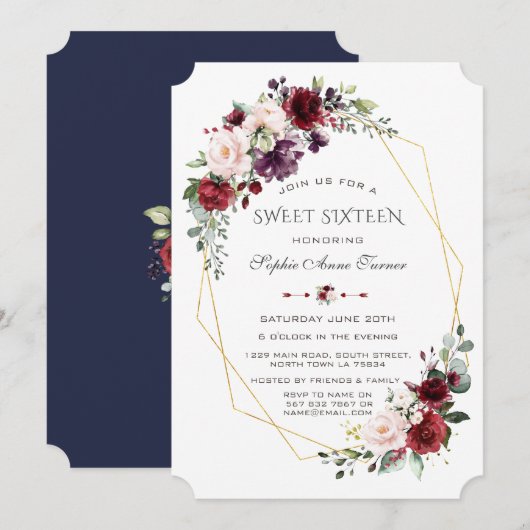 Luxe Burgundy Blush Bloemengoud Zoete Zestien Kaart (Voorkant / Achterkant)