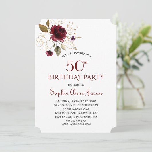 Luxe Burgundy Gouden Bloem 50ste Verjaardag Monogr Kaart (Staand voorkant)