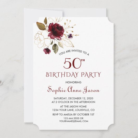 Luxe Burgundy Gouden Bloem 50ste Verjaardag Monogr Kaart (Voorkant)