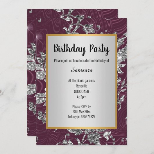 LUXE BURGUNDY SILVER GOLD BIRTHDAY INVITATION KAART (Voorkant / Achterkant)