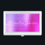 Luxe Business Paarse Roze Folie Modern Visitekaarthouder<br><div class="desc">Paarse en Roze Folie Metallic Roestvrij staal Minimalistische visitekaarthouder met wit geletterde script signatuur typografie voor het monogram. De Folie Metal visitekaarthouders kunnen worden aangepast met jouw naam. Neem contact op met de ontwerper voor aangepaste overeenkomende items.</div>
