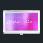 Luxe Business Paarse Roze Folie Modern Visitekaarthouder<br><div class="desc">Paarse en Roze Folie Metallic Roestvrij staal Minimalistische visitekaarthouder met wit geletterde script signatuur typografie voor het monogram. De Folie Metal visitekaarthouders kunnen worden aangepast met jouw naam. Neem contact op met de ontwerper voor aangepaste overeenkomende items.</div>