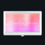 Luxe Business Pastel Folie Modern Visitekaarthouder<br><div class="desc">Sinaasappel,  Paarse en Roze Pastel Ombre Rainbow Folie Metallic Roestvrij staal Minimalistische visitekaarthouder met wit geletterde script signatuur typografie voor het monogram. De Folie Metal visitekaarthouders kunnen worden aangepast met jouw naam. Neem contact op met de ontwerper voor aangepaste overeenkomende items.</div>