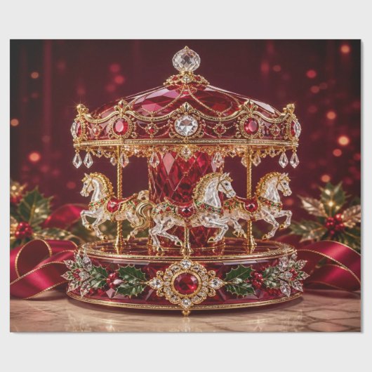 Luxe Carrousel Rood Kerst Inpakpapier (Vlak)