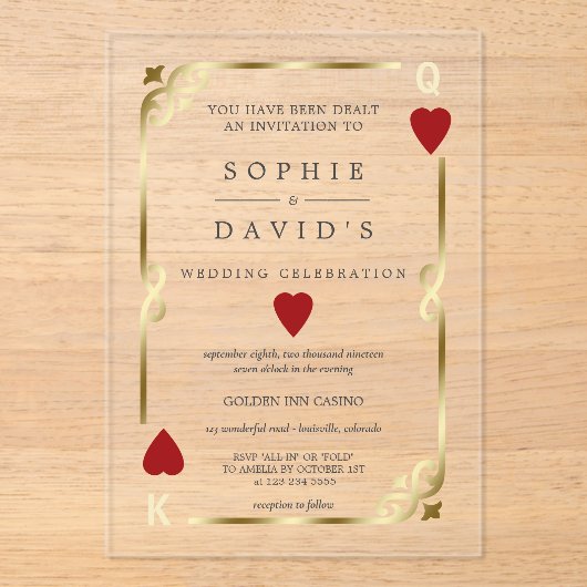 Luxe Casino Las Vegas Poker Gouden Trouwring Acryl Uitnodigingen (Voorkant)