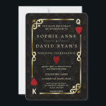 Luxe Casino Nacht Las Vegas Poker Huwelijk Kaart<br><div class="desc">Luxe Casino Night art deco kaartontwerp. Het heeft een vintage art deco stijl, een Roaring Twenties oude Hollywood gebroken lijst met namaak goud folie Fleur-de-lis, rode harten, Q en K in twee hoeken (die speelkaarten simuleren), op gouden zwarte Art Deco patroon achtergrond. Speciale teksten worden gebruikt zoals in een pokerspel....</div>