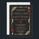 Luxe Casino Nacht Las Vegas Poker Huwelijk Kaart<br><div class="desc">Luxe Casino Night art deco kaartontwerp. Het heeft een vintage art deco stijl, een Roaring Twenties oude Hollywood gebroken lijst met namaak goud folie Fleur-de-lis, rode harten, Q en K in twee hoeken (die speelkaarten simuleren), op gouden zwarte Art Deco patroon achtergrond. Speciale teksten worden gebruikt zoals in een pokerspel....</div>