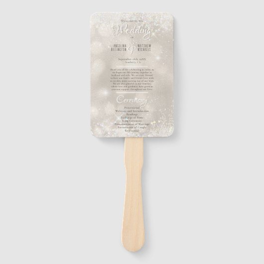 Luxe champagne glans bruiloftsprogramma met glitte handwaaier (Voorkant)