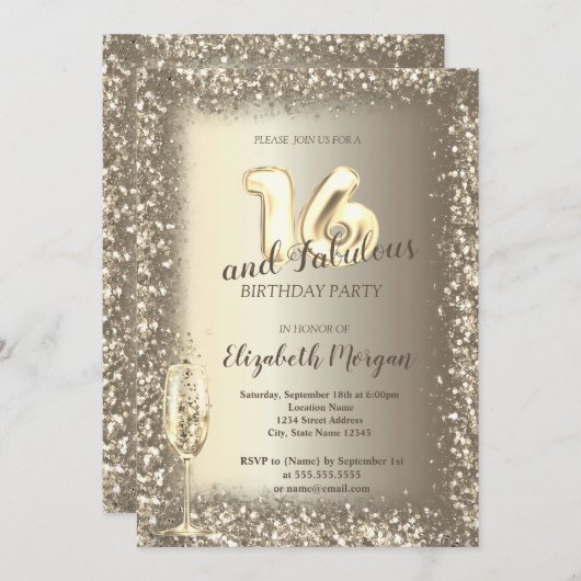 Luxe Champagne Glas Goud Confetti Lijst 16e Kaart (Voorkant / Achterkant)