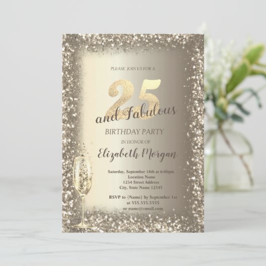Luxe Champagne Glas Goud Confetti Lijst 25e Kaart (Staand voorkant)