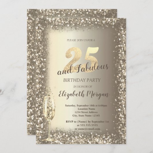 Luxe Champagne Glas Goud Confetti Lijst 25e Kaart (Voorkant / Achterkant)