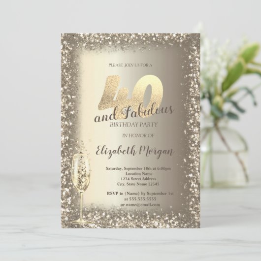 Luxe Champagne Glas Goud Confetti Lijst 40e Kaart (Staand voorkant)