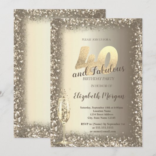 Luxe Champagne Glas Goud Confetti Lijst 40e Kaart (Voorkant / Achterkant)