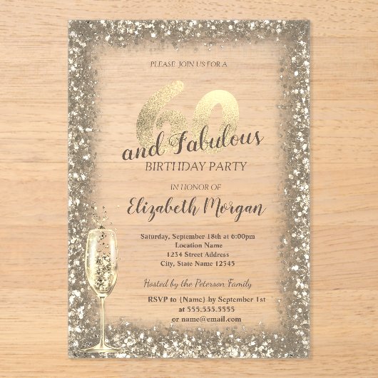 Luxe Champagne Glas Goud Confetti Lijst 60e Acryl Uitnodigingen (Voorkant)