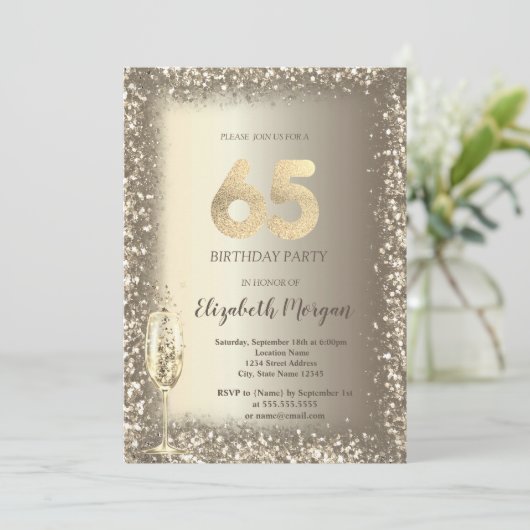 Luxe Champagne Glas Goud Confetti Lijst 65e Kaart (Staand voorkant)