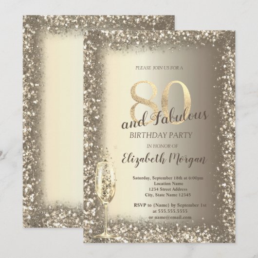 Luxe Champagne Glas Goud Confetti Lijst 80e Kaart (Voorkant / Achterkant)