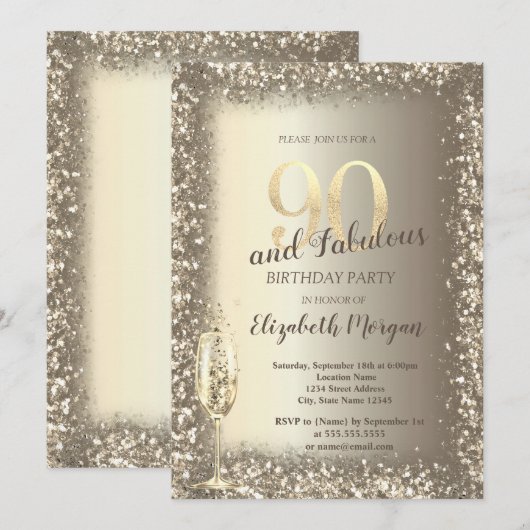 Luxe Champagne Glas Goud Confetti Lijst 90e Kaart (Voorkant / Achterkant)