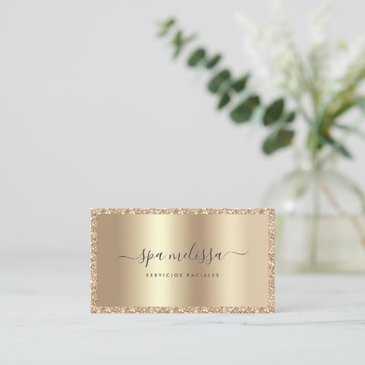 Luxe Champagne Gouden Glitter Script Monogram Chic Visitekaartje (Staand voorkant)