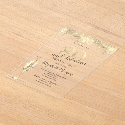 Luxe Champagneglas Goud Confetti 80e Verjaardag Acryl Uitnodigingen (Laagn)