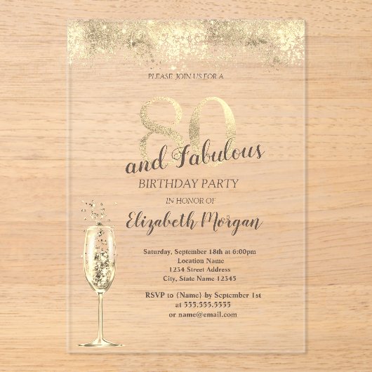 Luxe Champagneglas Goud Confetti 80e Verjaardag Acryl Uitnodigingen (Voorkant)