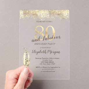 Luxe Champagneglas Gouden Confetti 80ste Verjaarda Acryl Uitnodigingen