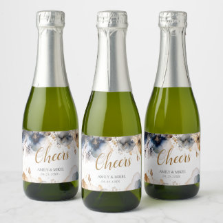 Luxe Cheers Bloemen Marine Blauw Sparkling Wijnetiket