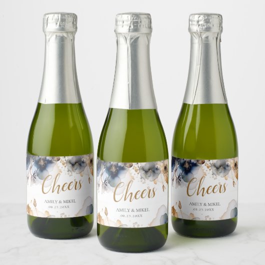 Luxe Cheers Bloemen Marine Blauw Sparkling Wijnetiket (Flessen)