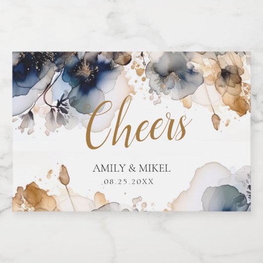 Luxe Cheers Bloemen Marine Blauw Sparkling Wijnetiket (Enkel label)