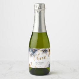 Luxe Cheers Bloemen Marine Blauw Sparkling Wijnetiket
