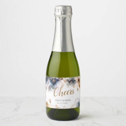 Luxe Cheers Bloemen Marine Blauw Sparkling Wijnetiket (Voorkant)