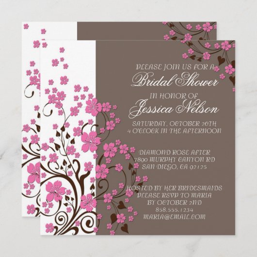 Luxe Cherry Blossom Brown Douche Invite Kaart (Voorkant / Achterkant)