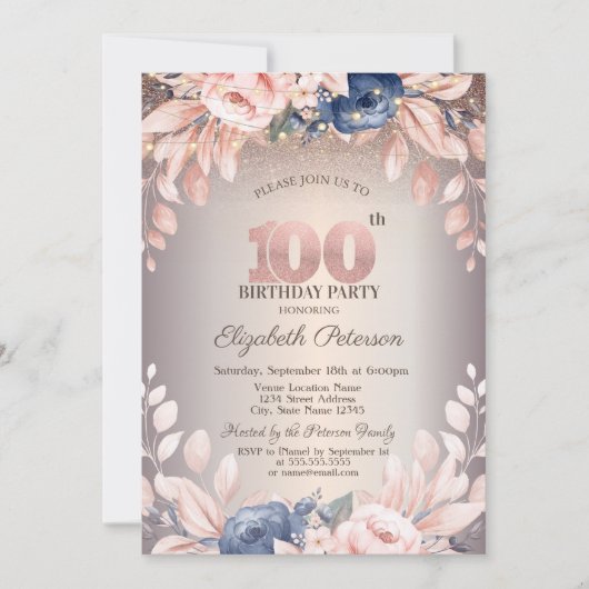 Luxe Chic Bloem,Slingerlichten 100ste Verjaardag Kaart (Voorkant)