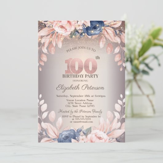 Luxe Chic Bloemen, String Lights 100e Verjaardag Kaart (Staand voorkant)