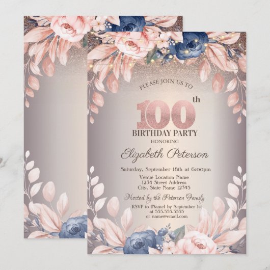 Luxe Chic Bloemen, String Lights 100e Verjaardag Kaart (Voorkant / Achterkant)