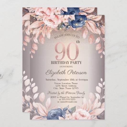 Luxe Chic Bloemen, String Lights 90e Verjaardag Kaart (Voorkant / Achterkant)