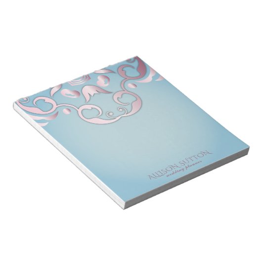 Luxe Chic Elegante Roze Grens op Aquamarijn Blauw Notitieblok (Schuin)