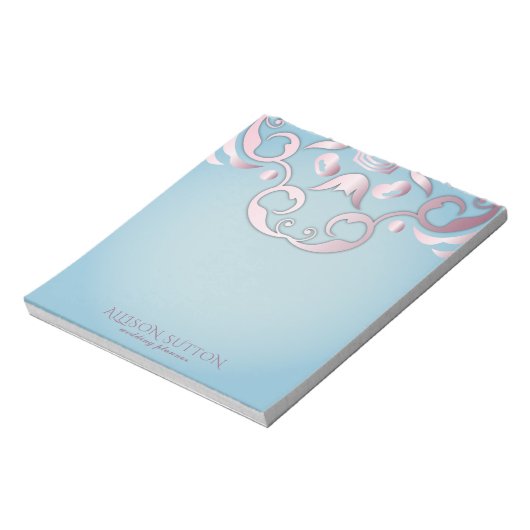 Luxe Chic Elegante Roze Grens op Aquamarijn Blauw Notitieblok (Linkerzijde)