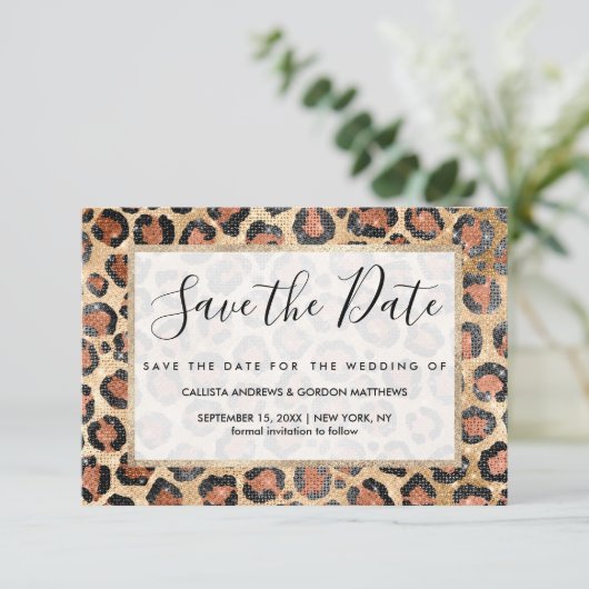 Luxe Chic Gold Black Leopard Animal Print Save The Date (Staand voorkant)