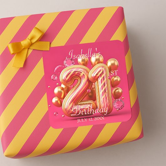 Luxe chic goud en roze 21e verjaardag vierkante sticker