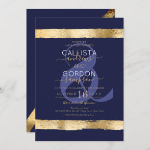 Luxe Chic Navy Gold Brushstroke Border Wedding Kaart