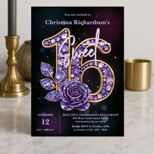 Luxe Chic Paarse Amethist Edelsteen Roos Sweet 16 Kaart