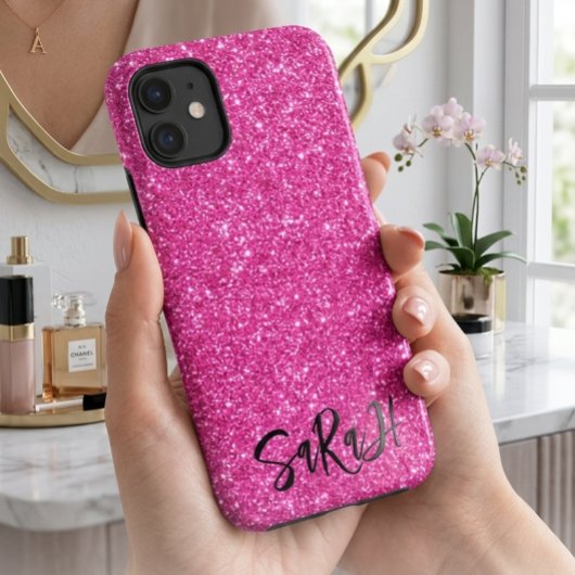 Luxe Chic Roze Glitter Glans Gepersonaliseerde Naa Case-Mate iPhone Case